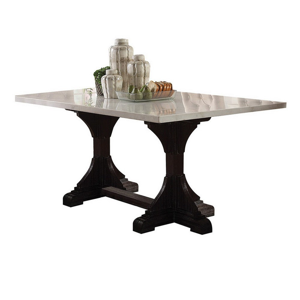Dining Table with Marble Top and Trestle Base, Offwhite