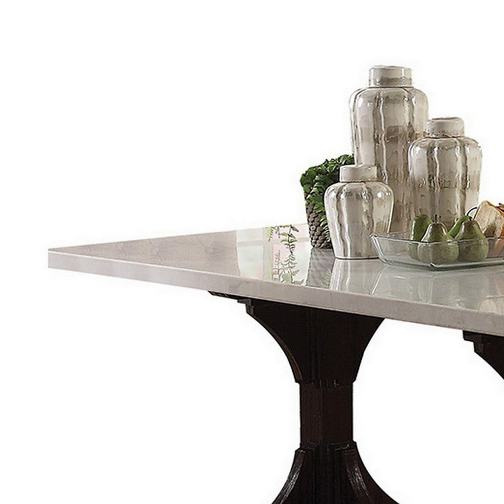 Dining Table with Marble Top and Trestle Base, Offwhite