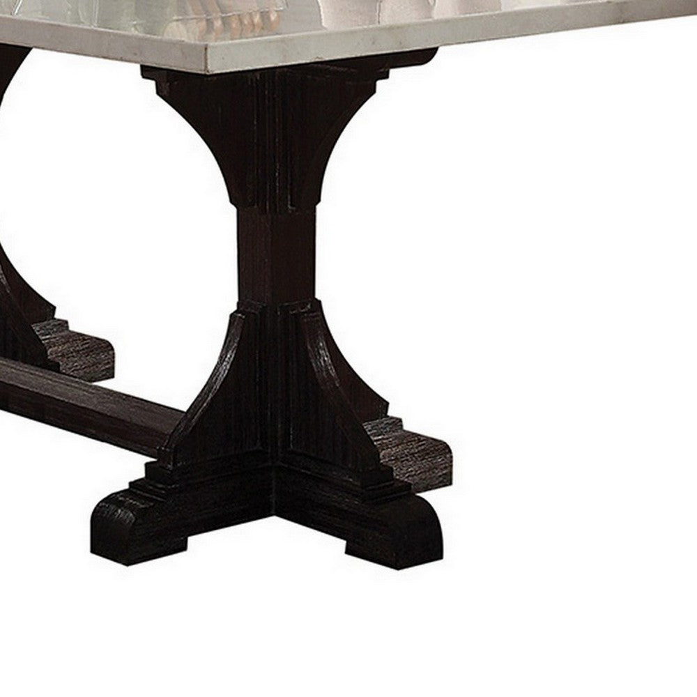 Dining Table with Marble Top and Trestle Base, Offwhite