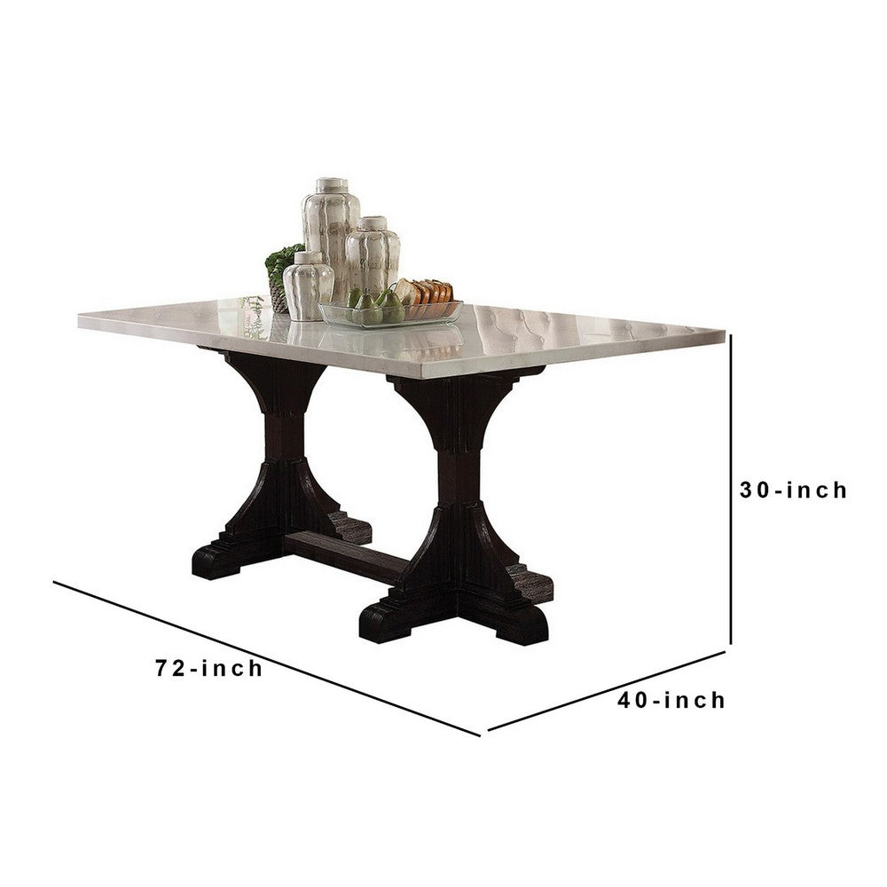 Dining Table with Marble Top and Trestle Base, Offwhite
