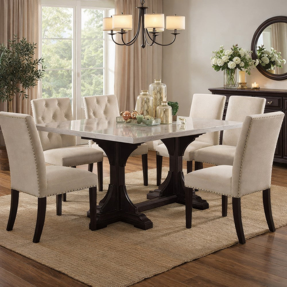 Dining Table with Marble Top and Trestle Base, Offwhite