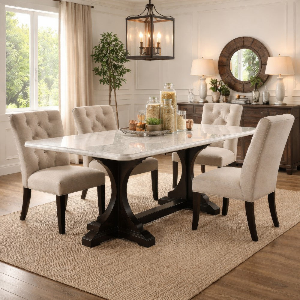 Dining Table with Marble Top and Trestle Base, Offwhite
