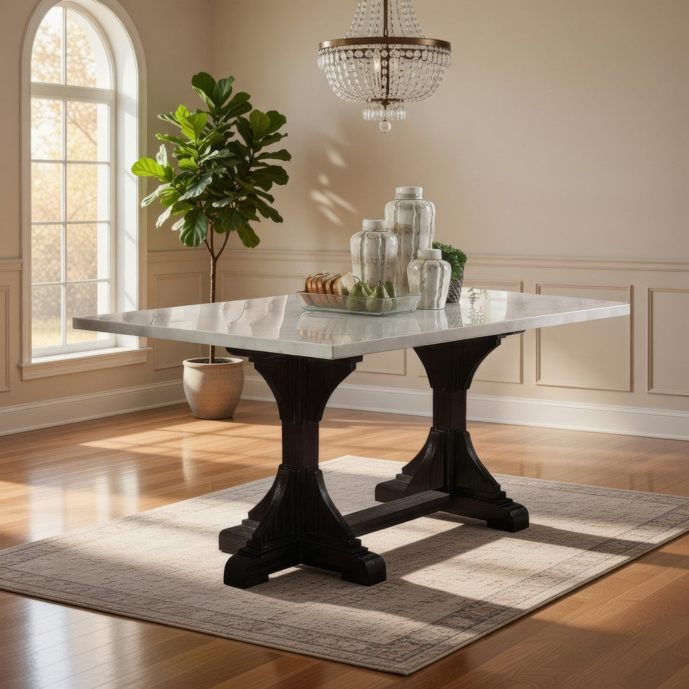 Dining Table with Marble Top and Trestle Base, Offwhite