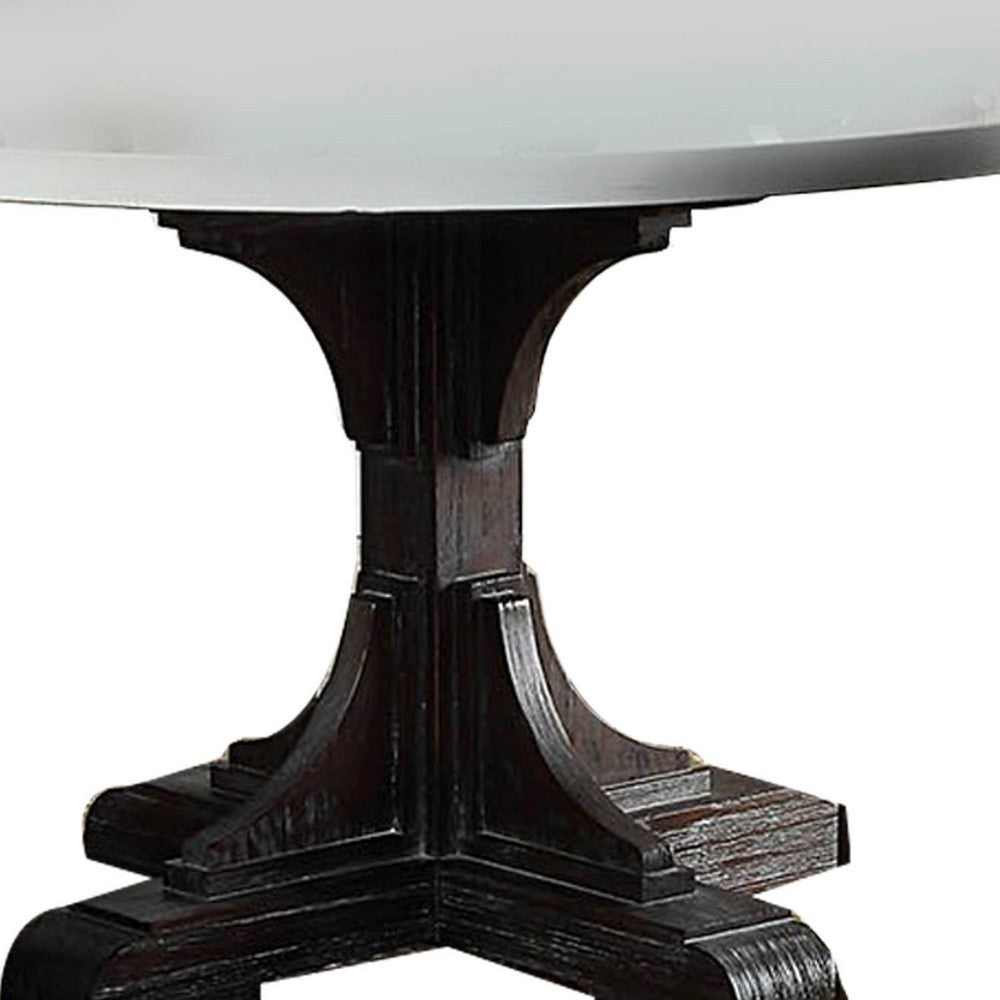 Dining Table with Marble Top and Pedestal Base, White and Brown