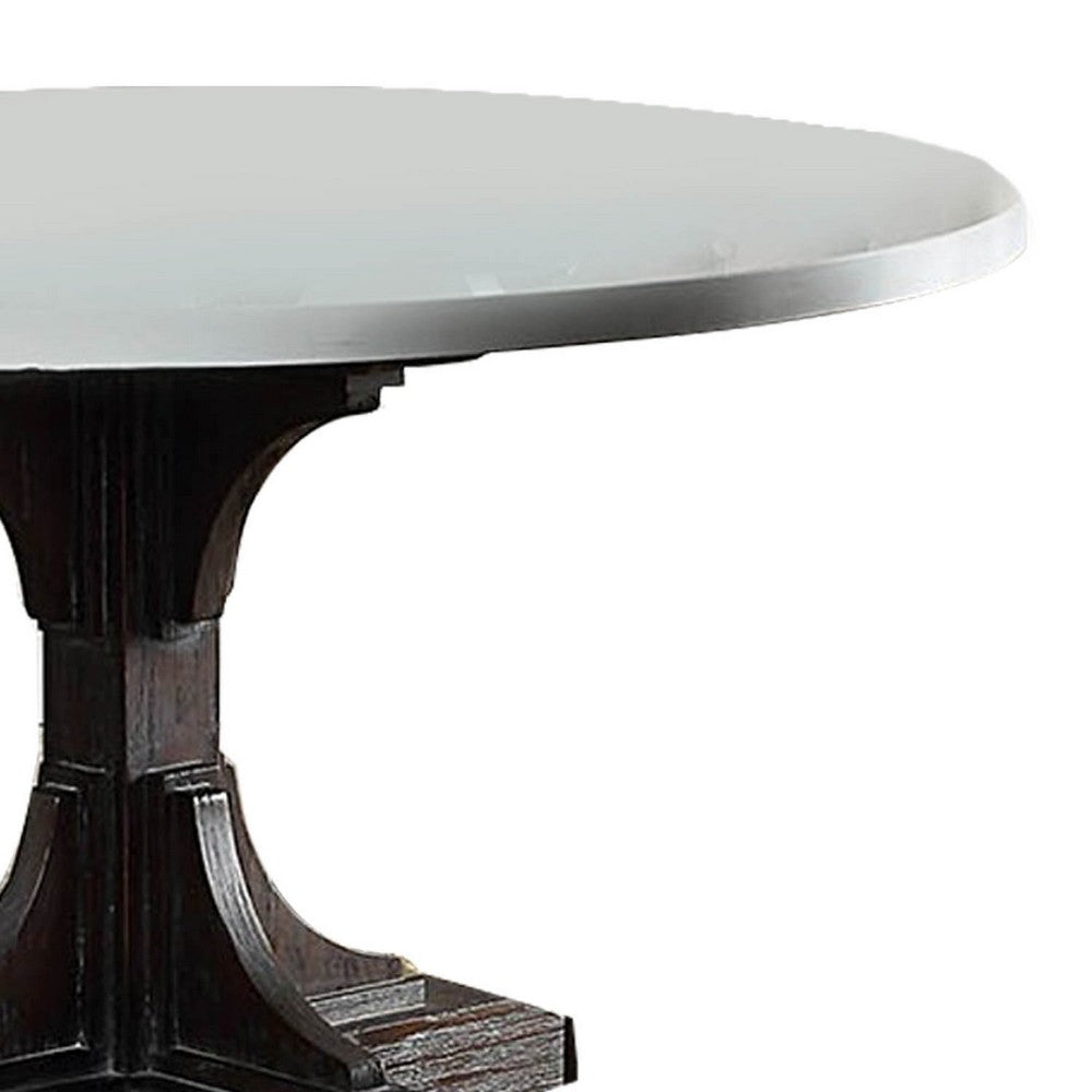 Dining Table with Marble Top and Pedestal Base, White and Brown