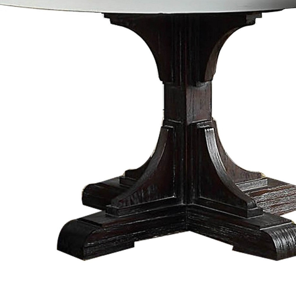 Dining Table with Marble Top and Pedestal Base, White and Brown