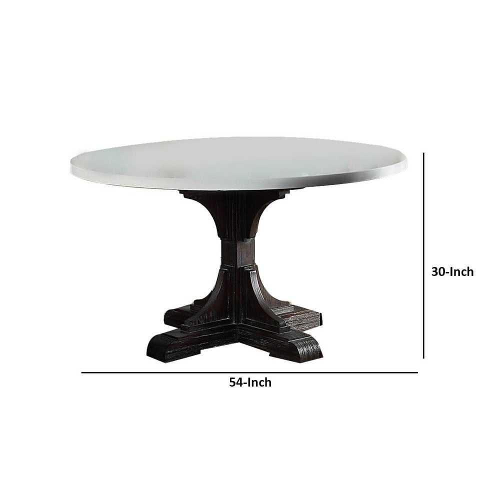 Dining Table with Marble Top and Pedestal Base, White and Brown