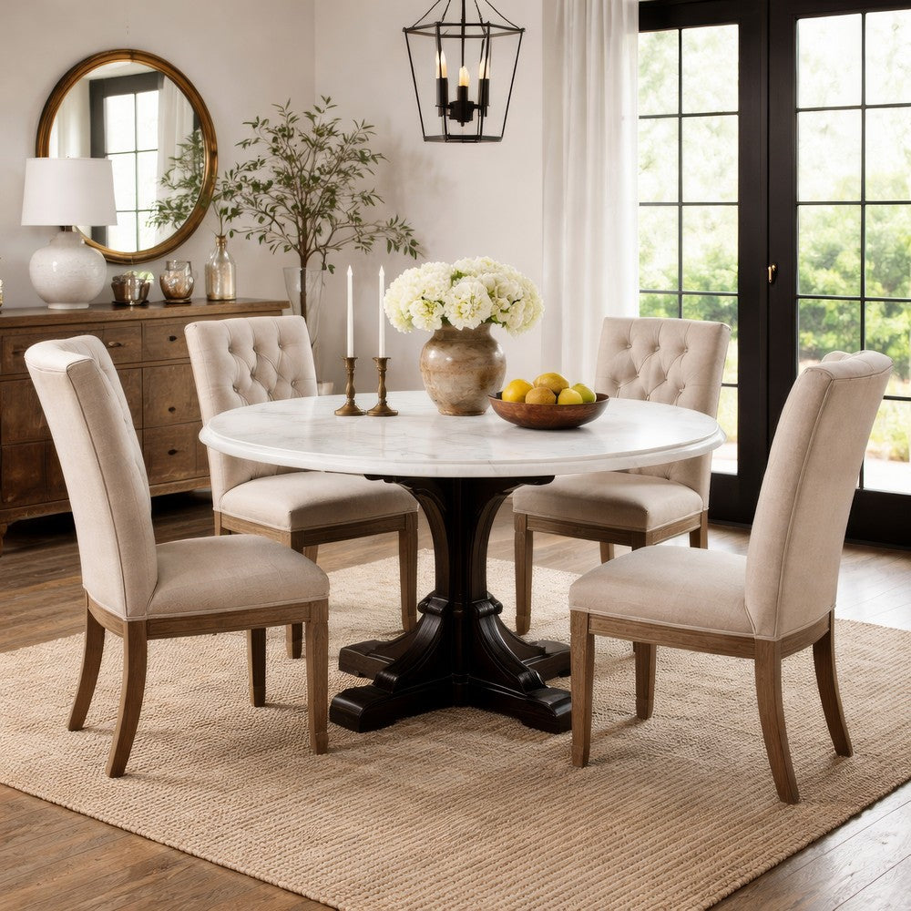 Dining Table with Marble Top and Pedestal Base, White and Brown