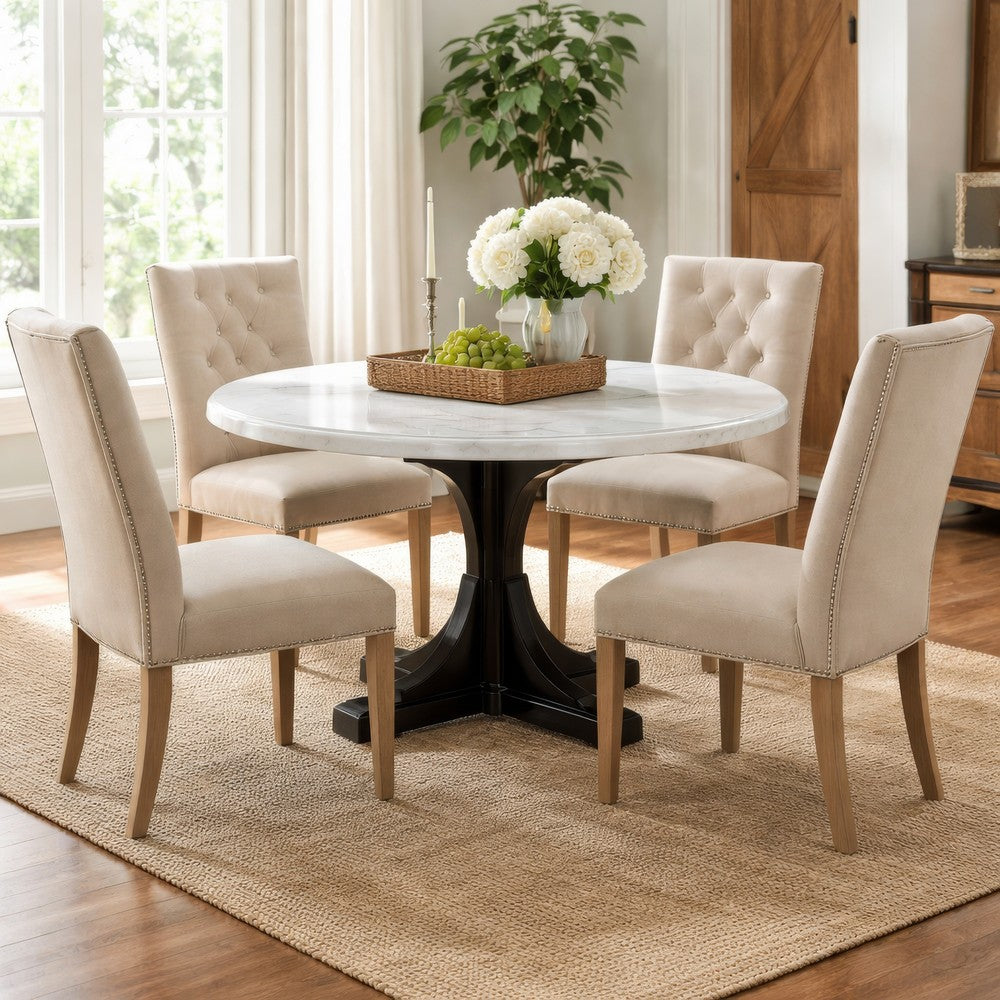 Dining Table with Marble Top and Pedestal Base, White and Brown