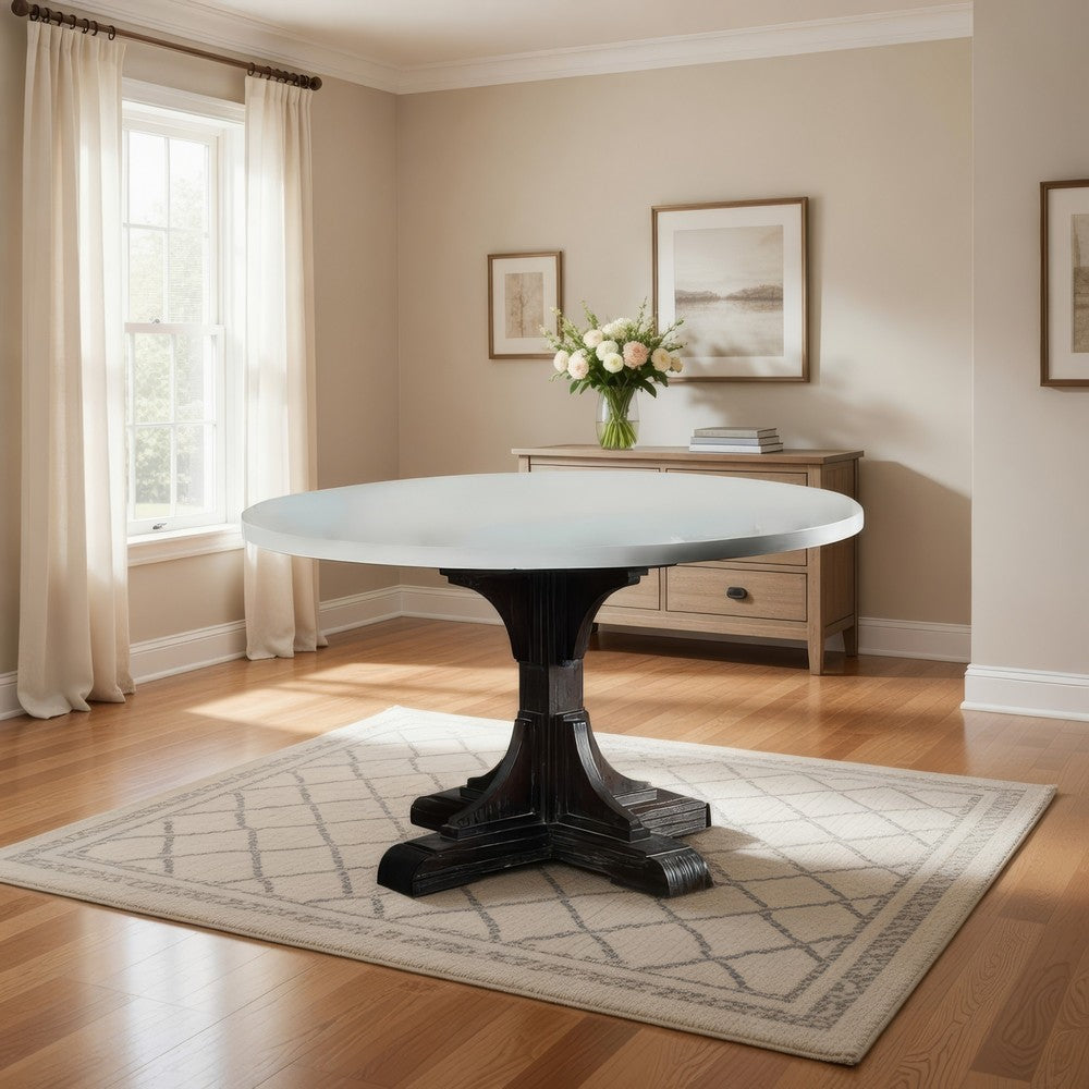 Dining Table with Marble Top and Pedestal Base, White and Brown