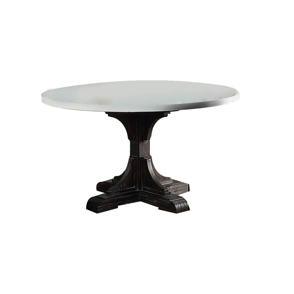 Dining Table with Marble Top and Pedestal Base, White and Brown By Casagear Home