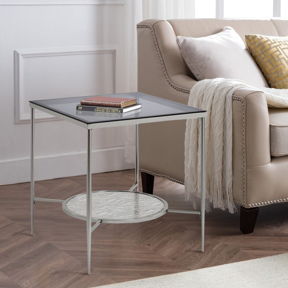 Laria End Table | Textured Round Shelf | 22" | Silver