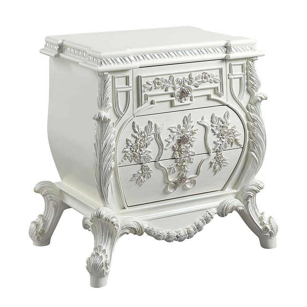 Nightstand with Ornate Floral Accent and 3 Drawers, Antique White By Casagear Home