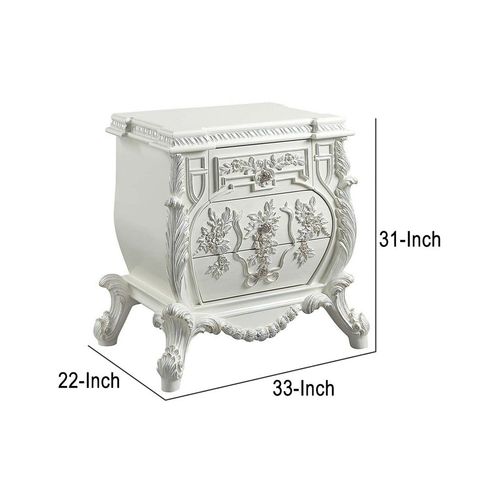 Nightstand with Ornate Floral Accent and 3 Drawers Antique White By Casagear Home BM262125