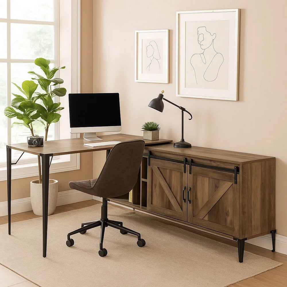 L Shape Writing Desk with 6 Open Compartments, Brown