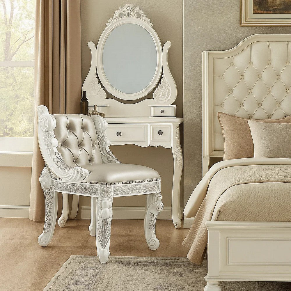 Vanity Stool with Nailhead Trim and Queen Anne Legs, White