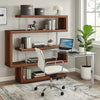 Writing Desk with 4 Swivel Etagere Shelf and Casters, Walnut Brown