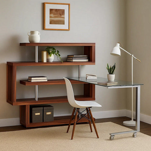 Writing Desk with 4 Swivel Etagere Shelf and Casters, Walnut Brown