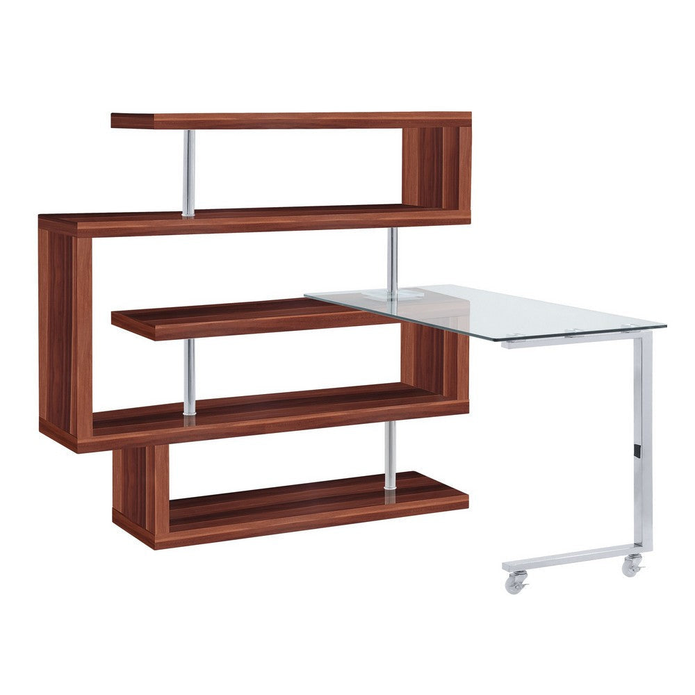 Writing Desk with 4 Swivel Etagere Shelf and Casters, Walnut Brown
