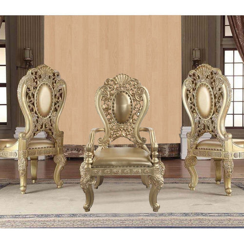 Armchair with Scrolled Crown Top Back and Ornate Motifs, Set of 2, Gold