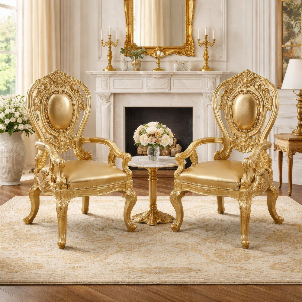 Armchair with Scrolled Crown Top Back and Ornate Motifs, Set of 2, Gold