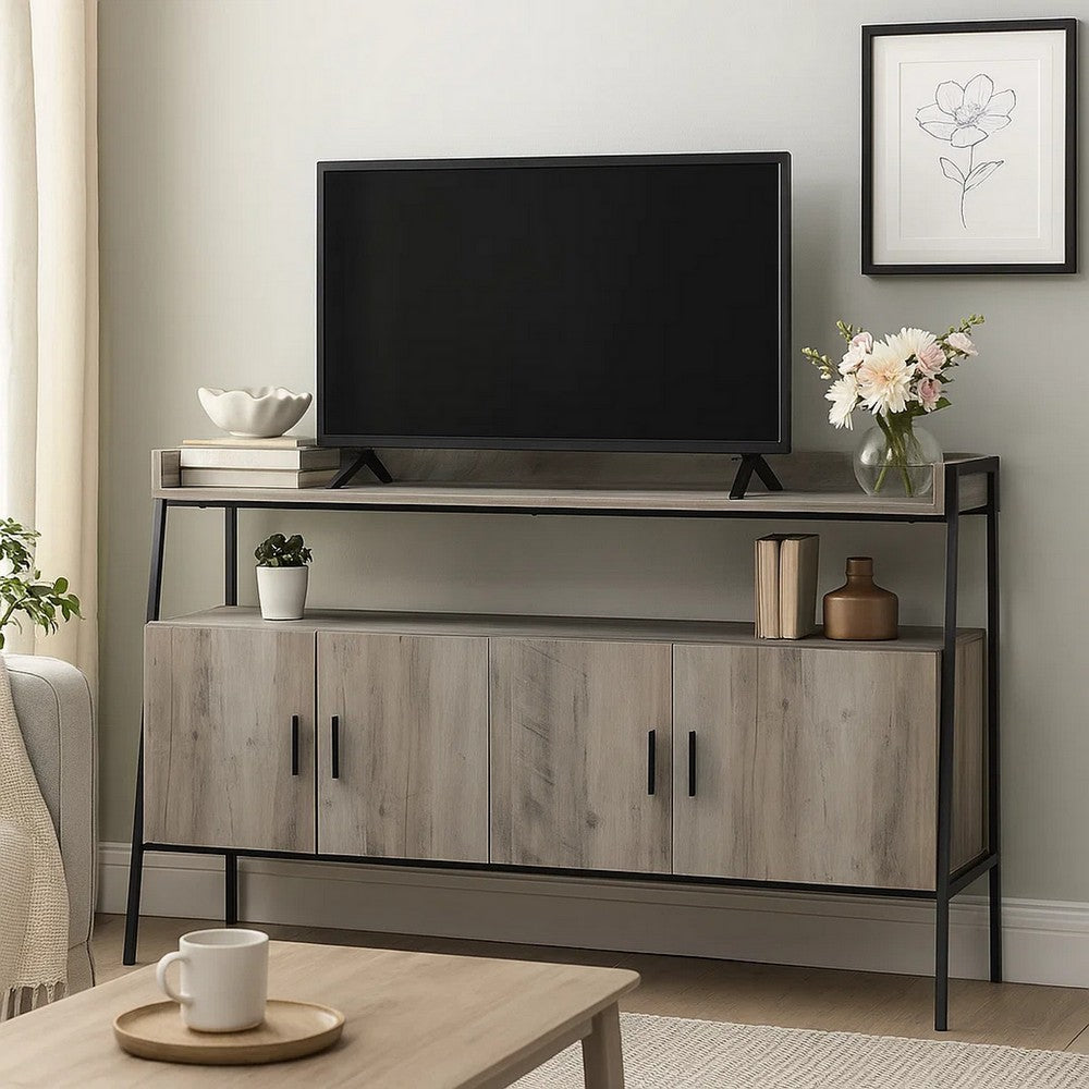 TV Stand with 2 Double Door Cabinet and Tubular Frame, Oak Gray
