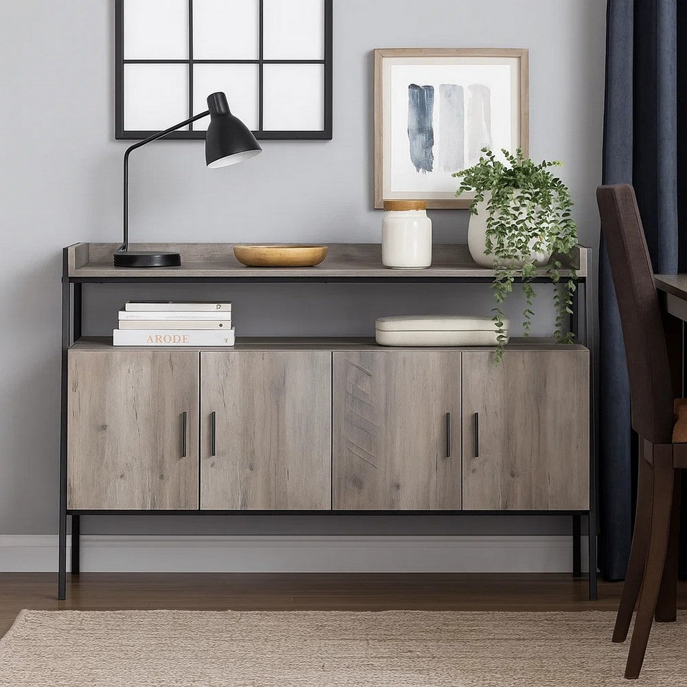 TV Stand with 2 Double Door Cabinet and Tubular Frame, Oak Gray