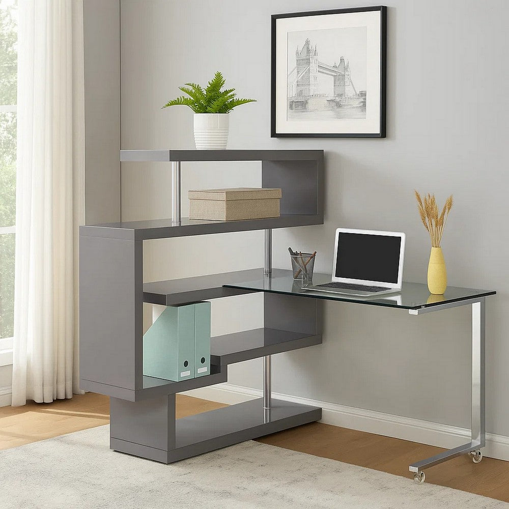 Writing Desk with 4 Swivel Etagere Shelf and Casters, Gray