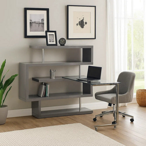 Writing Desk with 4 Swivel Etagere Shelf and Casters, Gray