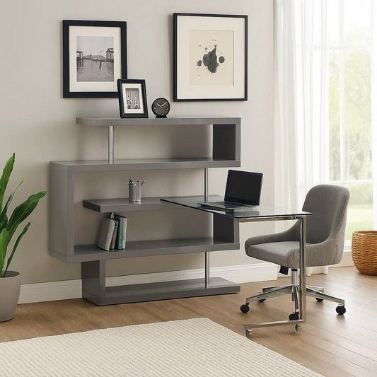 Writing Desk with 4 Swivel Etagere Shelf and Casters, Gray