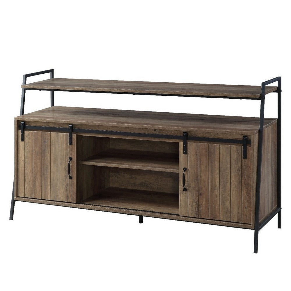 TV Stand with 2 Sliding Barn Doors and Tubular Frame, Oak Brown
