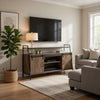 TV Stand with 2 Sliding Barn Doors and Tubular Frame, Oak Brown