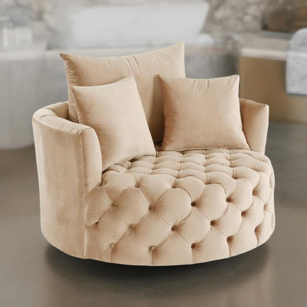 Swivel Accent Chair with Curved Design and Button Tufting, Beige