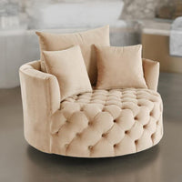 Swivel Accent Chair with Curved Design and Button Tufting, Beige
