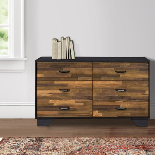 Dresser with 6 Drawers and Butcher Block Pattern, Brown and Gray By Casagear Home
