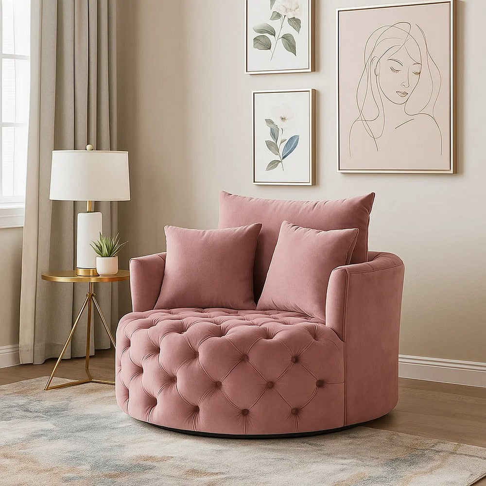 Swivel Accent Chair with Curved Design and Button Tufting, Pink