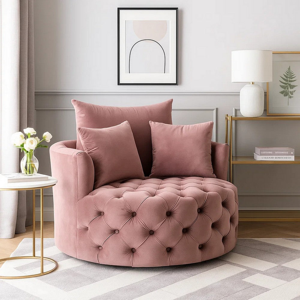 Swivel Accent Chair with Curved Design and Button Tufting, Pink