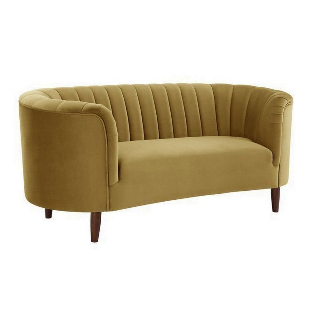 Loveseat with Vertical Channel Tufting and Curved Design, Yellow