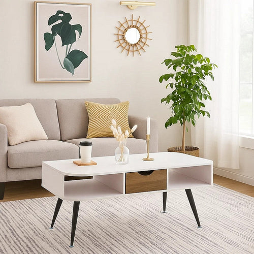 Coffee Table with Melamine Paper Veneer Top and 1 Drawer, White