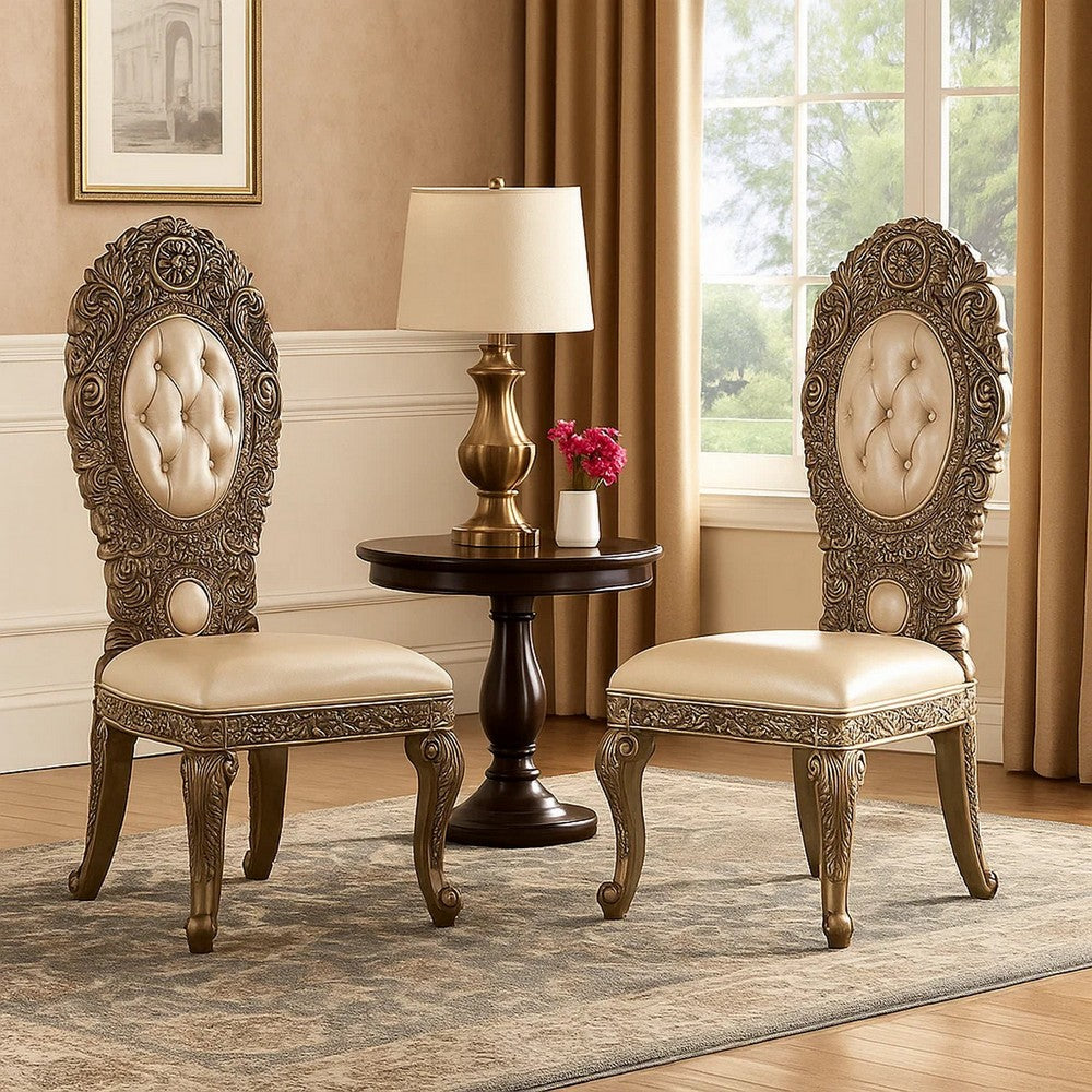 Side Chair with Intricate Carvings and Queen Anne Legs, Set of 2, Brown