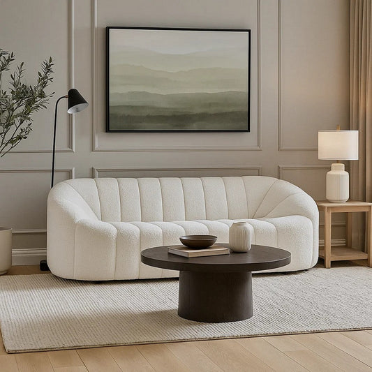 Sofa with Textured Fabric and Vertical Channel Tufting, White