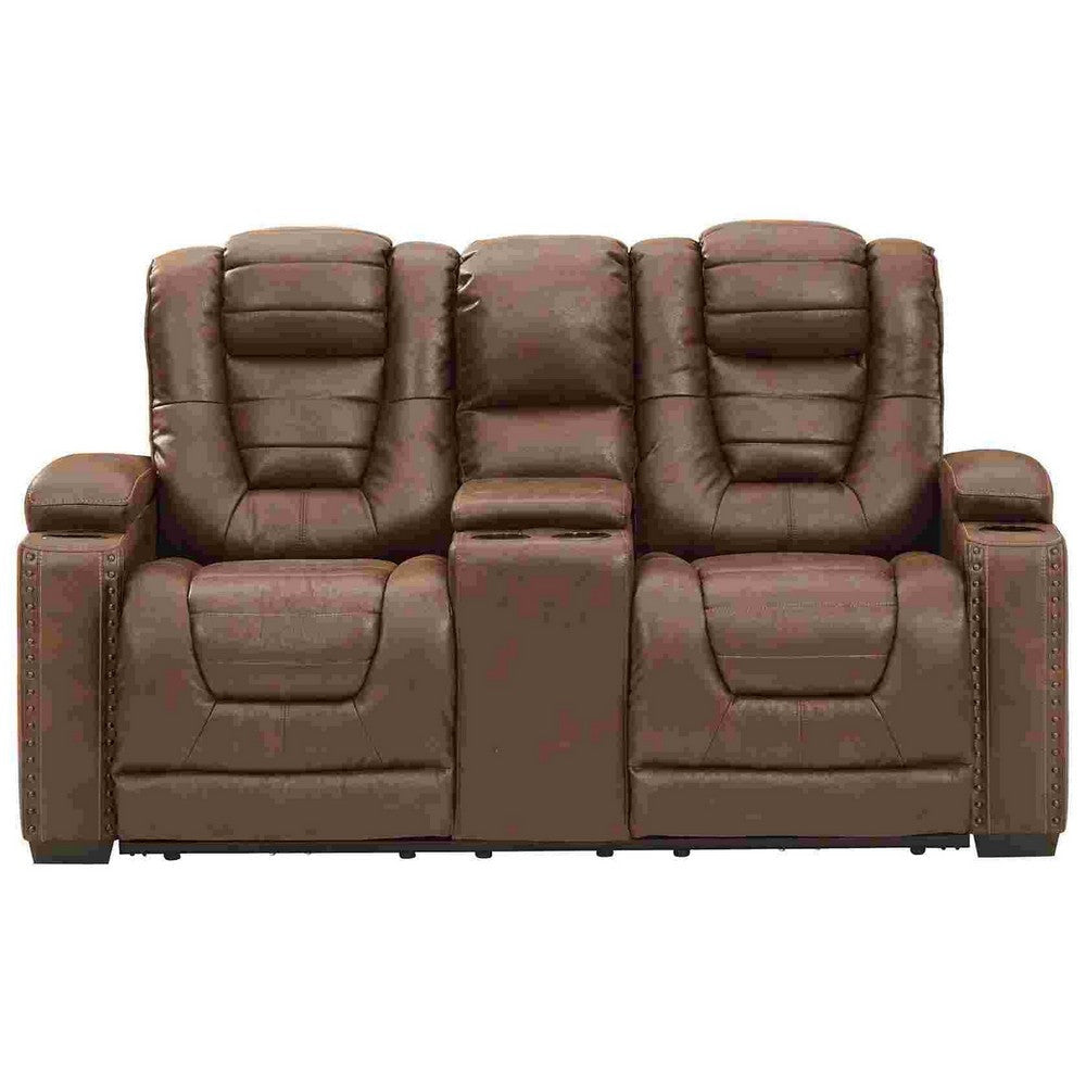 Power Recliner Loveseat with Console and Adjustable Storage Headrest Brown By Casagear Home BM262327