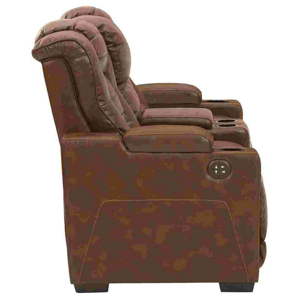 Power Recliner Loveseat with Console and Adjustable Storage Headrest Brown By Casagear Home BM262327