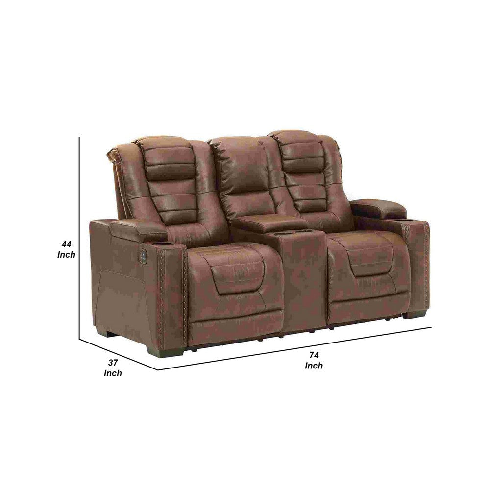 Power Recliner Loveseat with Console and Adjustable Storage Headrest Brown By Casagear Home BM262327