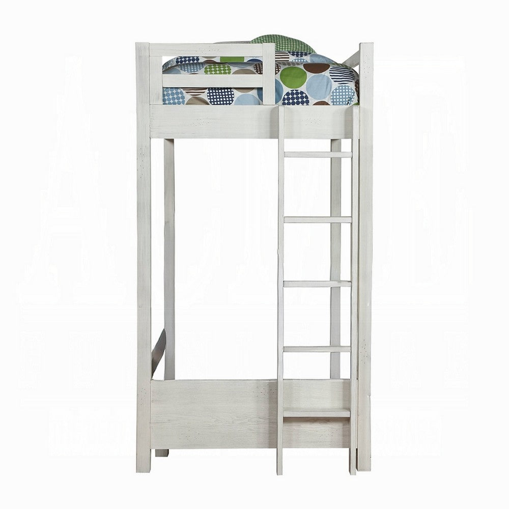 Transitional Style Twin Loft Bed, Fixed Ladder, Weathered White