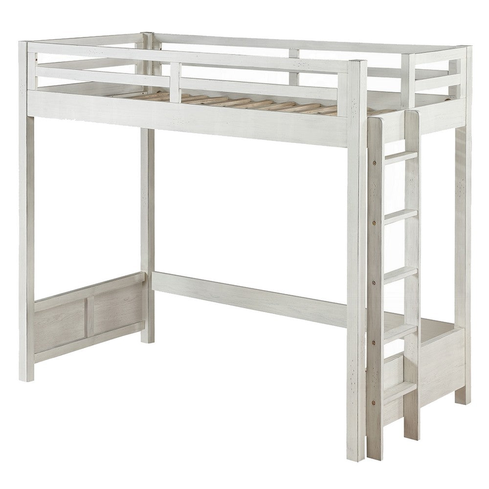 Transitional Style Twin Loft Bed, Fixed Ladder, Weathered White