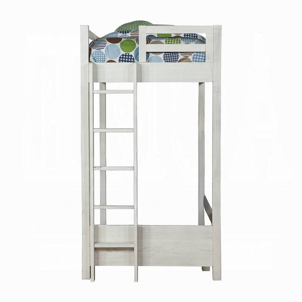 Transitional Style Twin Loft Bed, Fixed Ladder, Weathered White