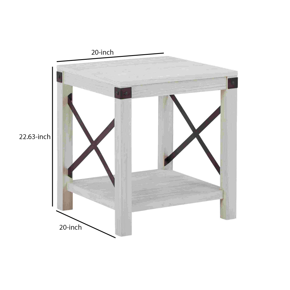 End Table with X Metal Accent and Grain Details White By Casagear Home BM262428