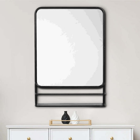 Accent Mirror with Sleek Metal Frame and Shelf, Black By Casagear Home