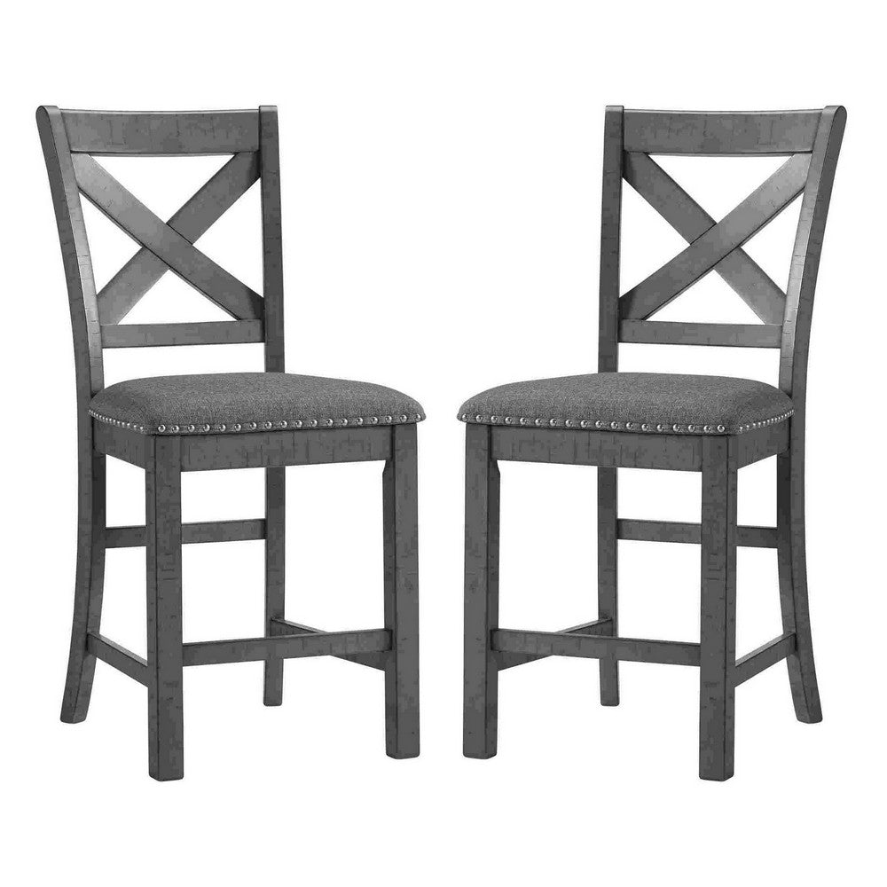 Barstool with Wooden X Shaped Back and Fabric Seat, Set of 2, Gray By Casagear Home